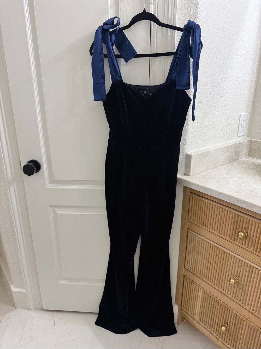 Vici Velvet Tie-Strap Jumpsuit in Navy with Blue Ties